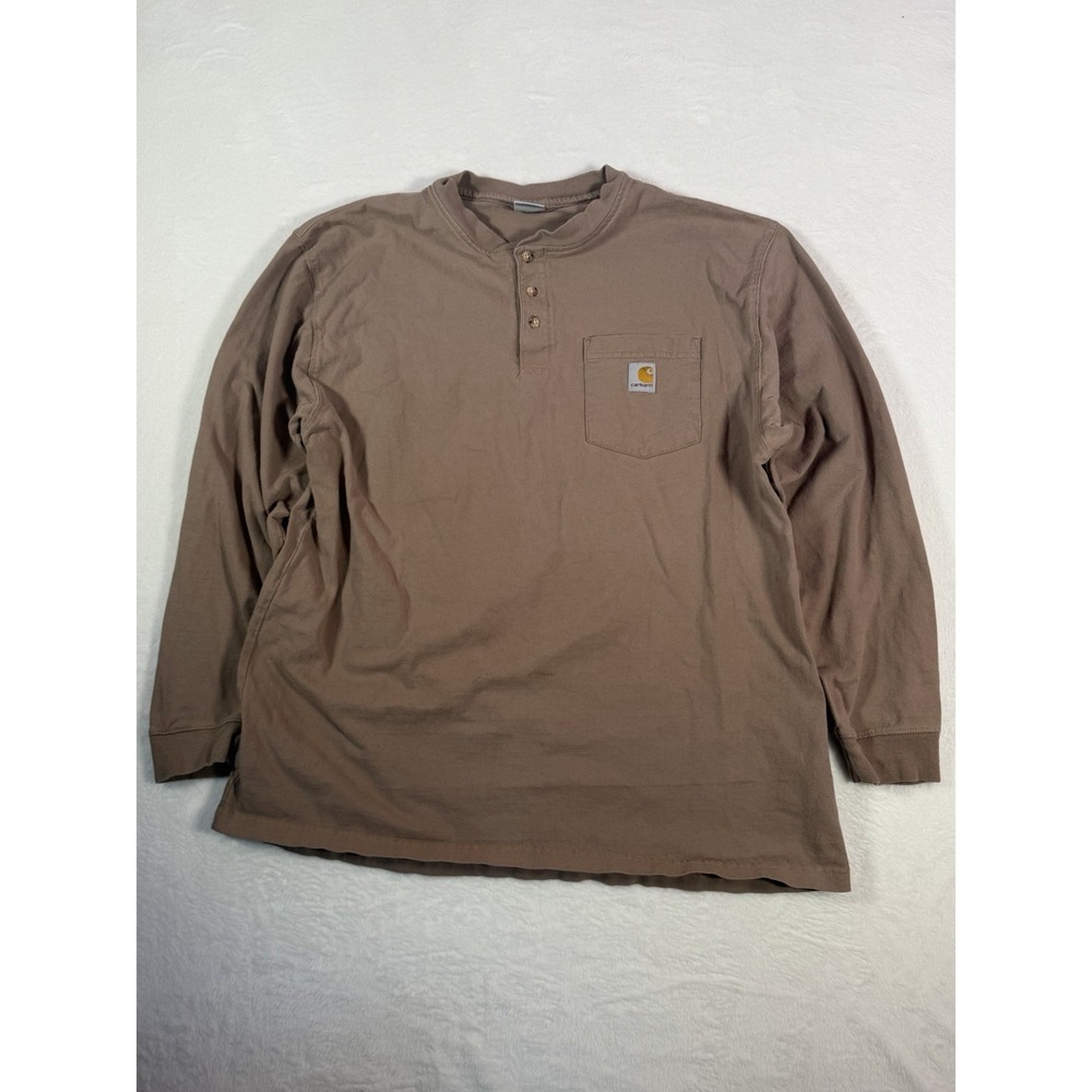 Carhartt Pocket Henley Long Sleeve Shirt Brown Logo Patch Workwear‎ Men's L